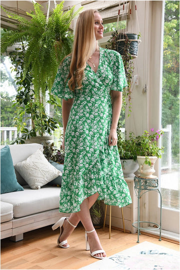 Green Ditsy Daisy Wrap Effect Frill Dress Mela London